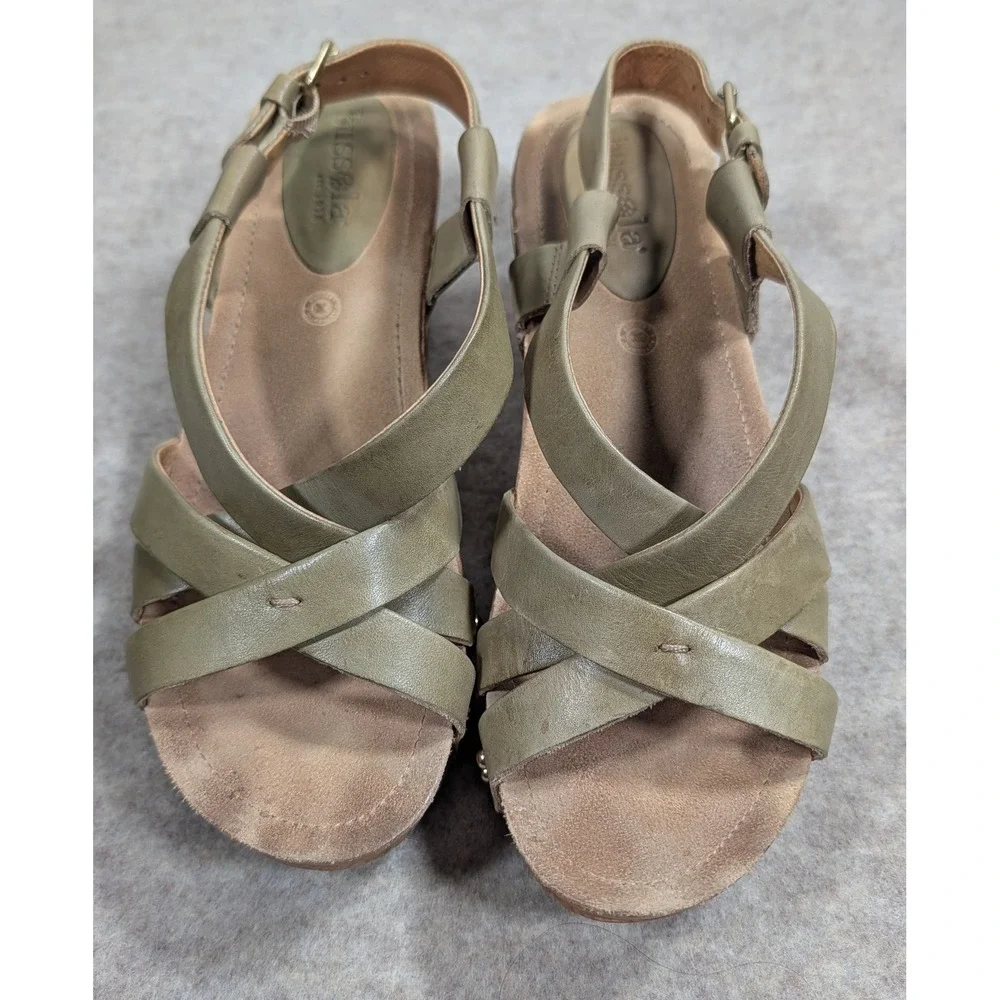 Bussola Formentera Aloe Green Leather Cross Strap Wedge Sandal Women 40 US 9-9.5